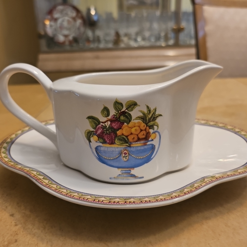 Vintage Rare Casa Elite Elegant White Gravy Boat with Fruit Design
